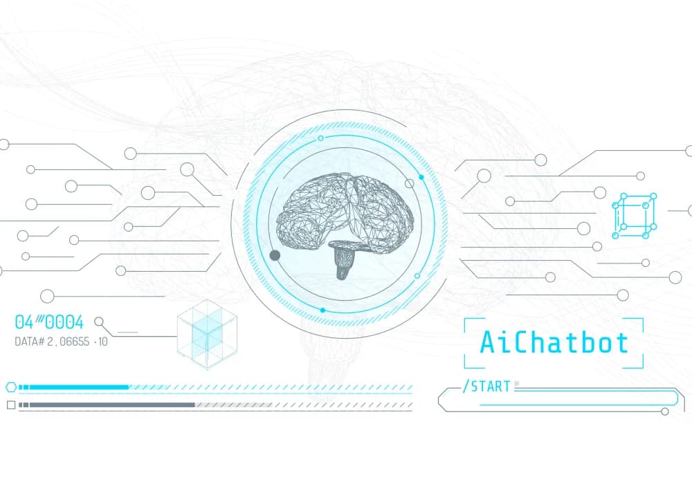 Abstract illustration of a digital brain wired to circuit traces beside an AI chatbot interface readout
