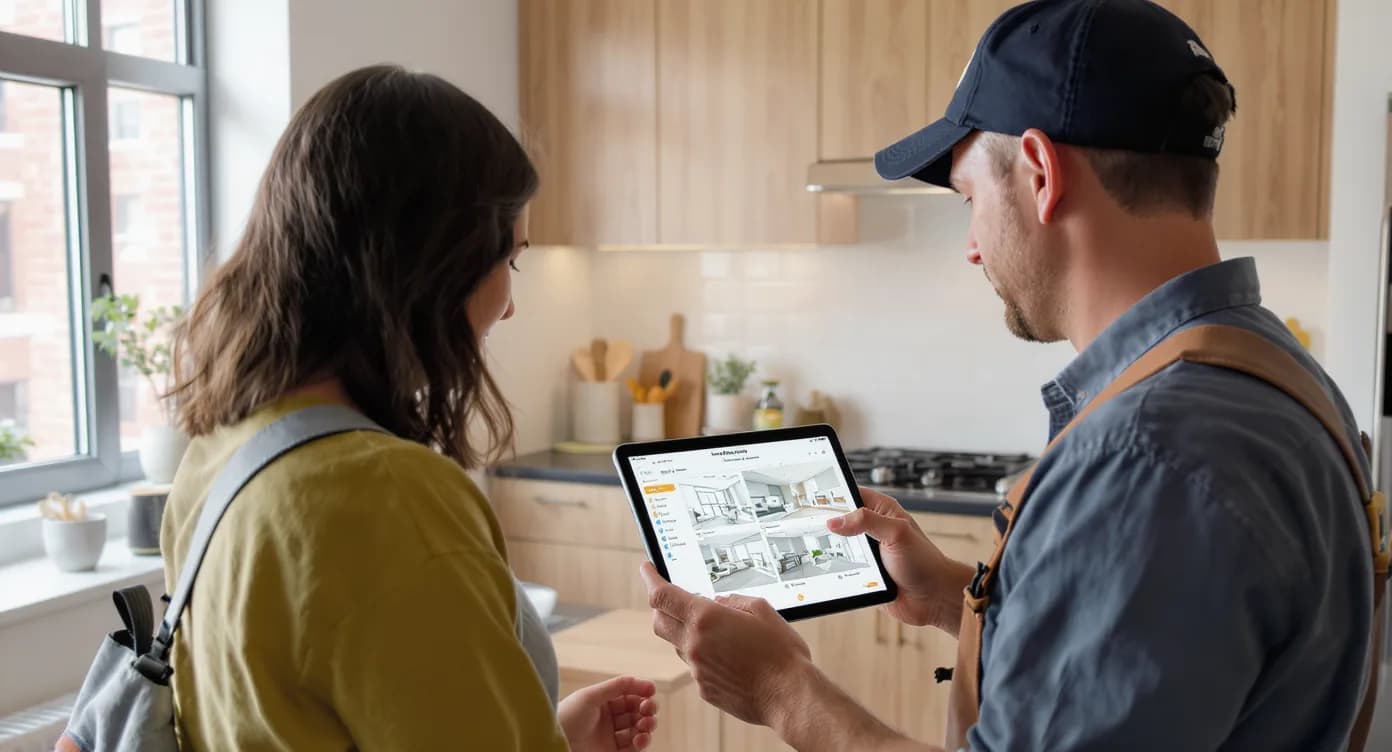 Homeowner reviewing a bathroom remodeling company's project gallery on a tablet with a contractor — a conversion-ready website sells the remodel before the first call