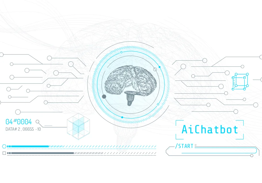 Abstract illustration of a digital brain wired to circuit traces beside an AI chatbot interface readout