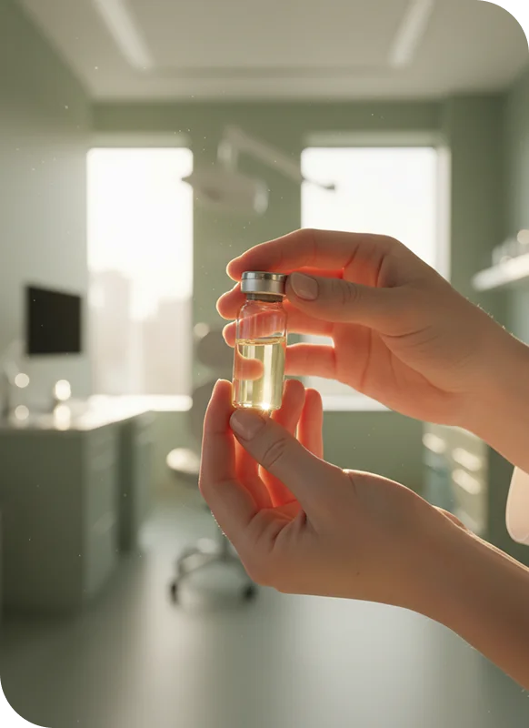 Hands holding an IVF treatment vial in a fertility clinic laboratory