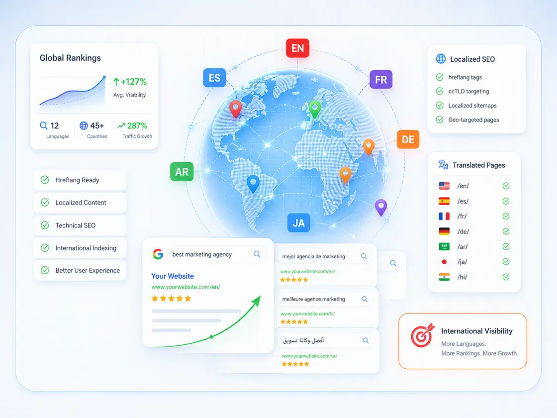 Multilingual SEO dashboard showing global rankings, hreflang-clean localized pages and international search visibility across languages
