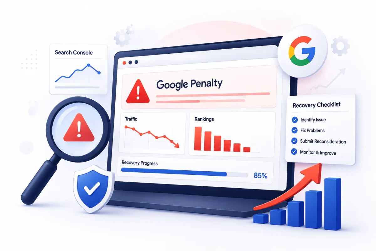 Panel de recuperación de penalizaciones de Google: caída de tráfico, posiciones y checklist de recuperación